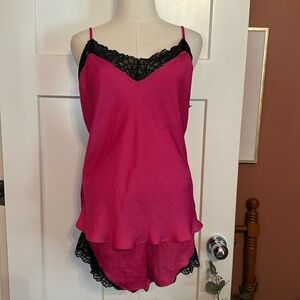 Josie NATORI 2-piece cami shorts hot pink & black lace L polyester pajamas